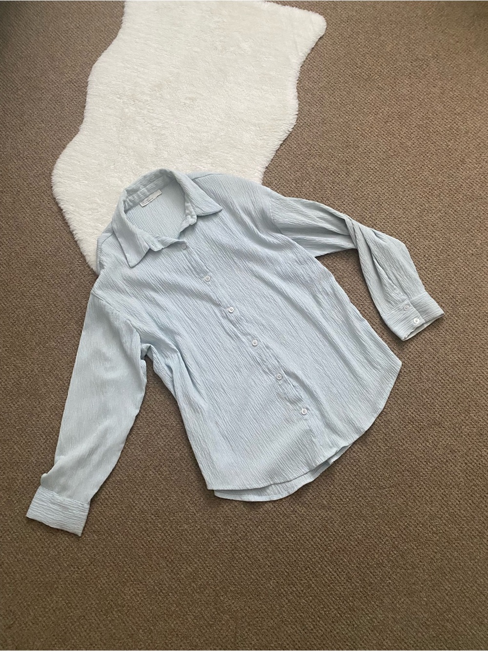 OAK + FORT Pale Blue Textured Crinkle Button-Up Top